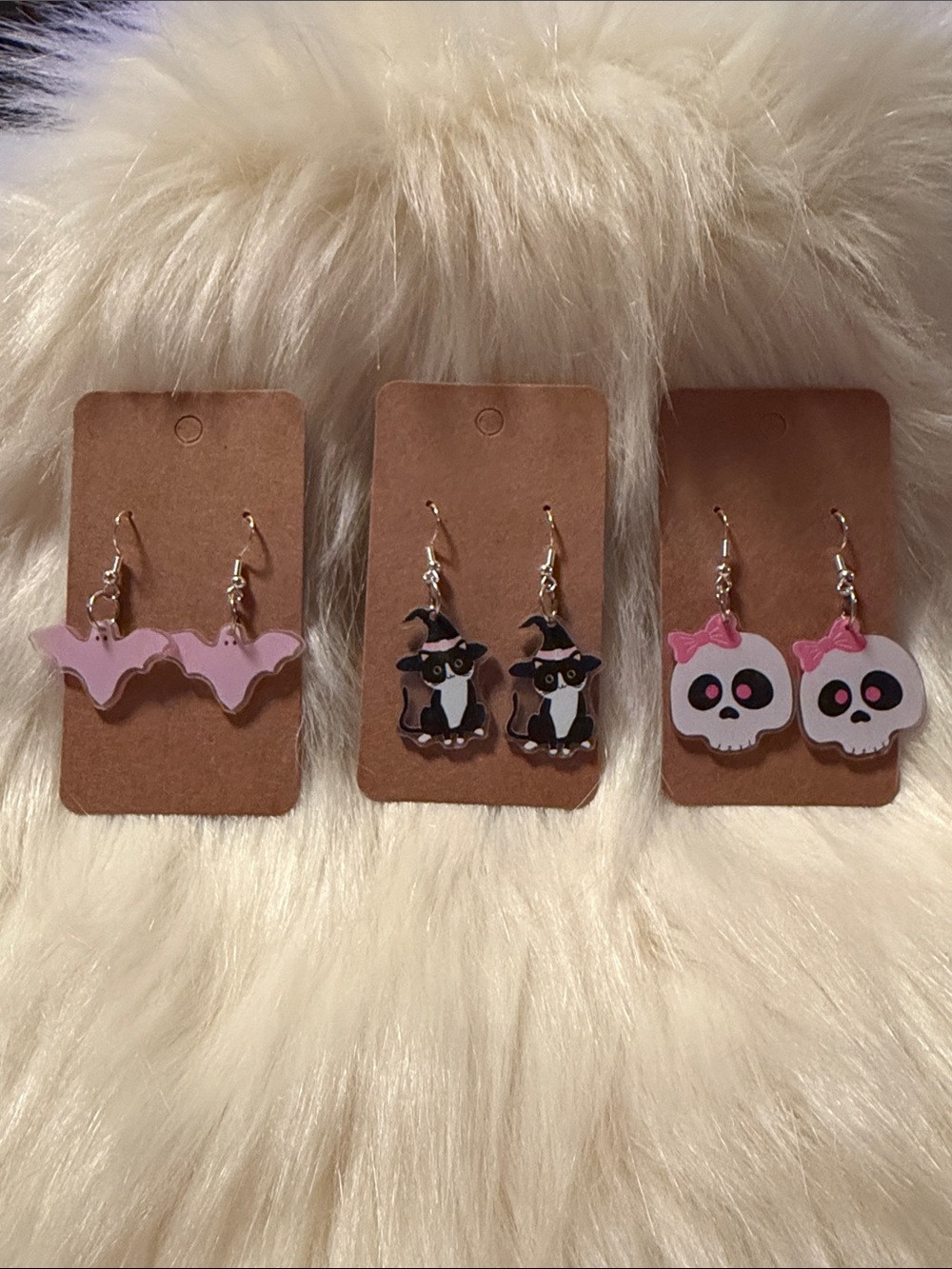 Cute Pink Skull, Cat, Bat Dangle Earrings - Adorable Halloween Accessor